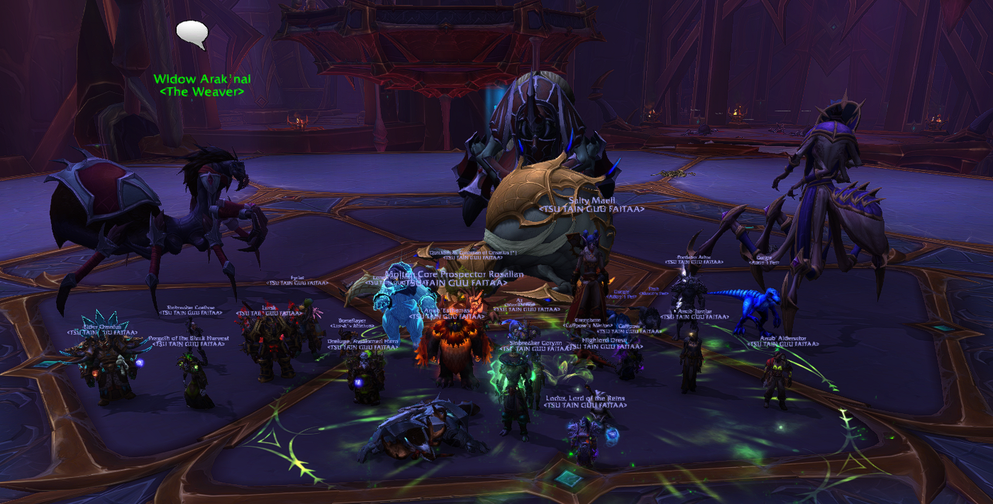 My World of Warcraft raid guild, gathered around a defeated Queen Ansurek