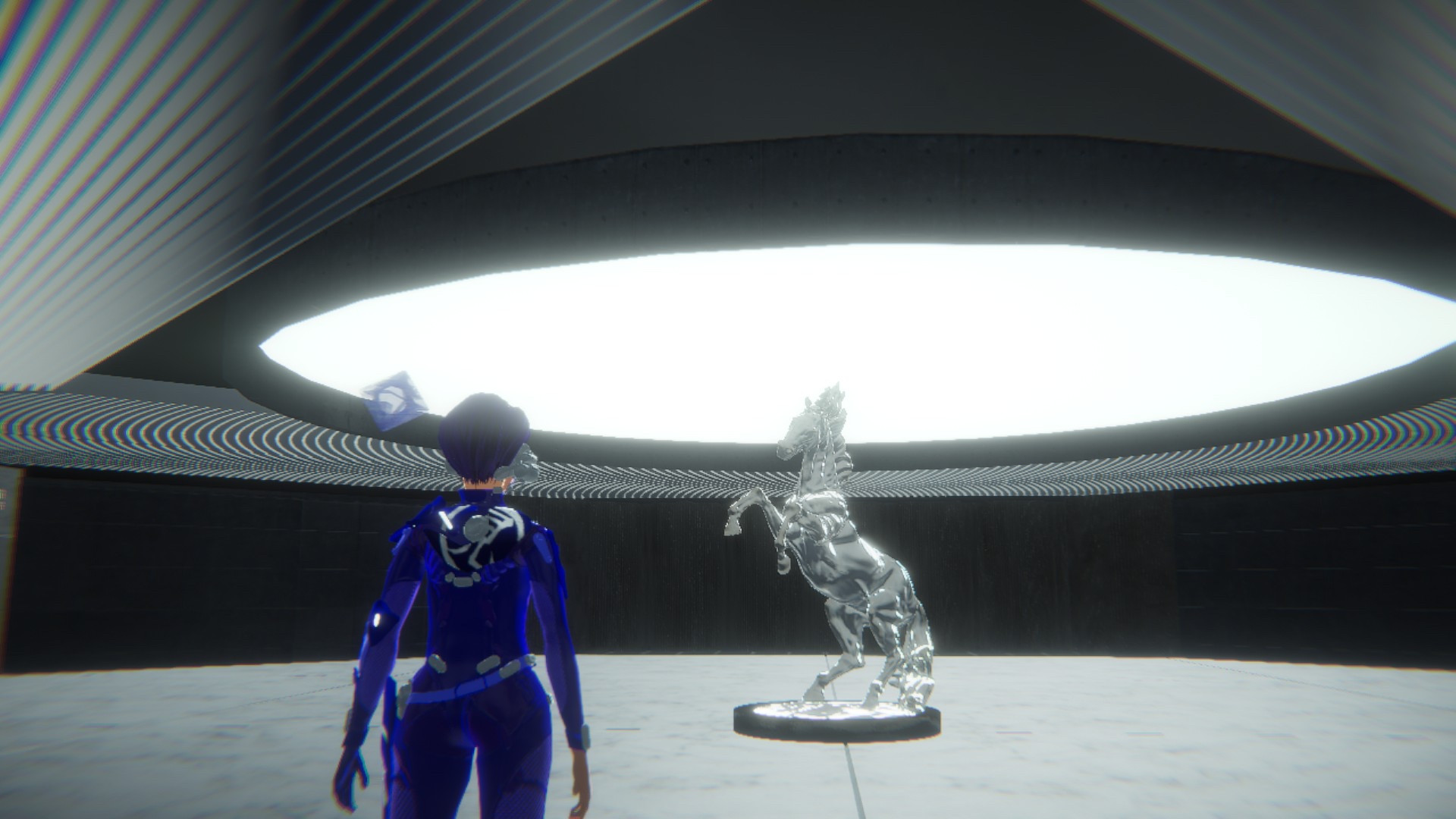 A screenshot from 1000xRESIST, showing protagonist Watcher standing in a round room whose only feature of note is a silver horse statue. This is, apparently, the Horse Lobby.