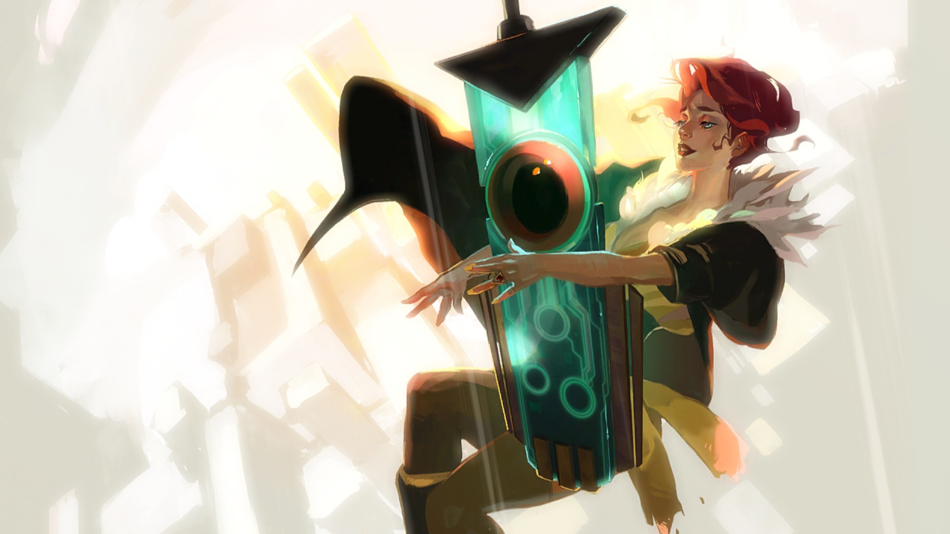 Picture of Red, the protagonist of Transistor, embracing the titular weapon/macguffin, which looks like nothing so much as a teal greatsword crossed with an SD card