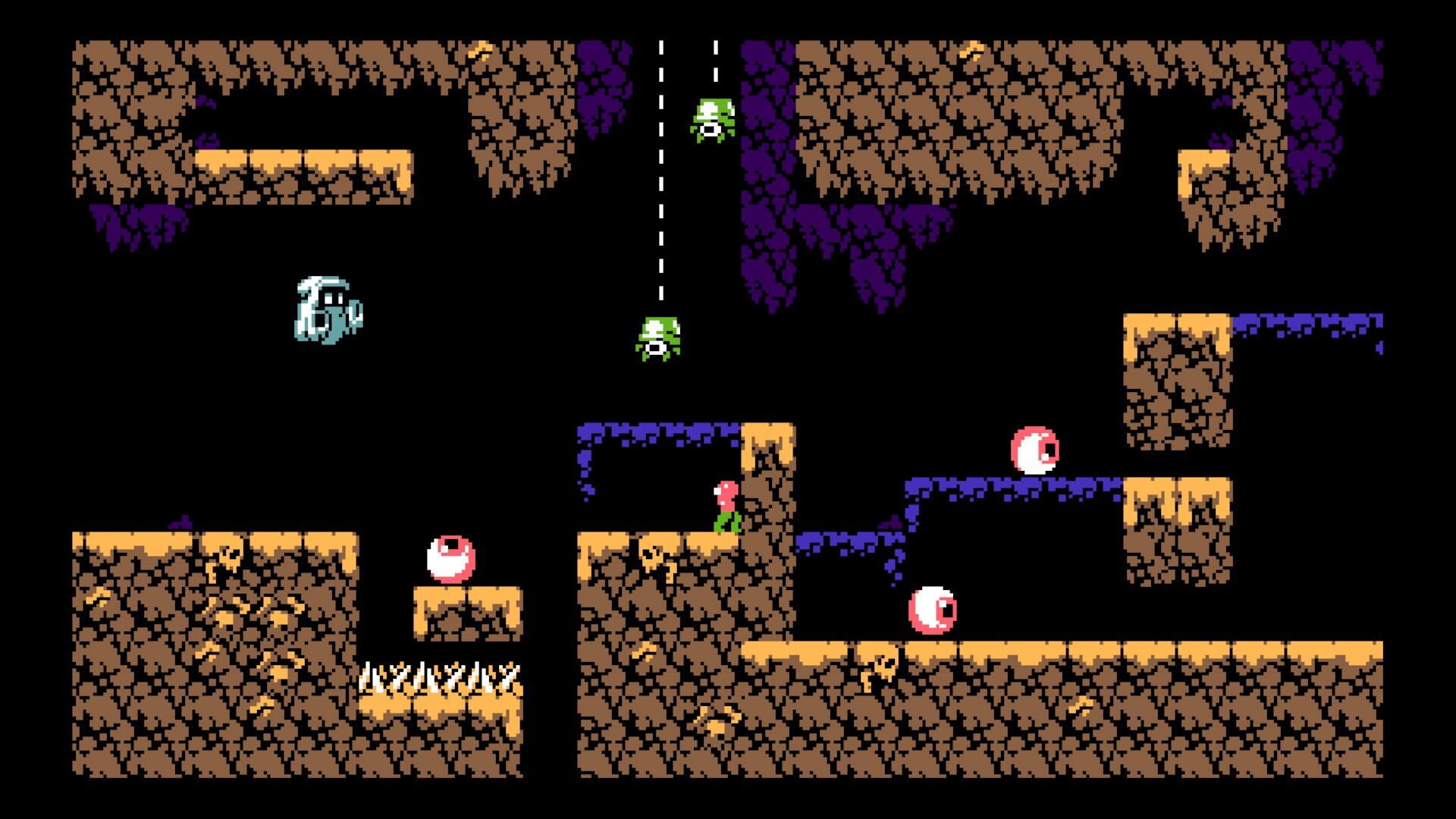 screenshot from Mooncat from the UFO 50 collection, showing a number of the game's enemies -- a ghost, a pair of spider-squid-things?, and other enemies of unusual description